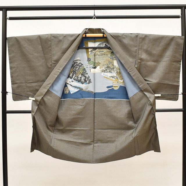Vintage Japanese Kimono | Men's Oshima Tsumugi Ensemble Set | Brown Silk | Tortoiseshell Kasuri | Unused | Size LL | Sustainable | ss1082b