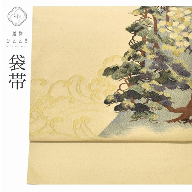 Vintage Japanese Obi | Fukuro Obi | Beige Silk | Pine Wave | Tsuzure-ori Tapestry | Gold Thread | Formal | Sustainable | ss1104b
