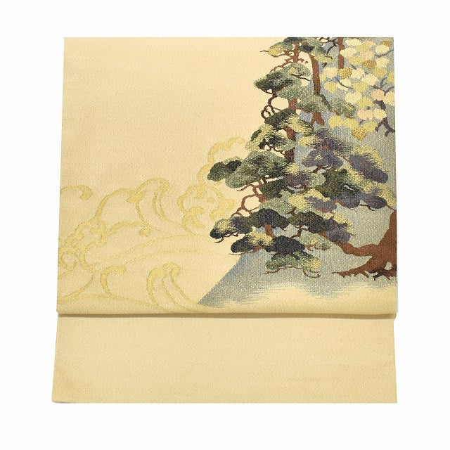 Vintage Japanese Obi | Fukuro Obi | Beige Silk | Pine Wave | Tsuzure-ori Tapestry | Gold Thread | Formal | Sustainable | ss1104b
