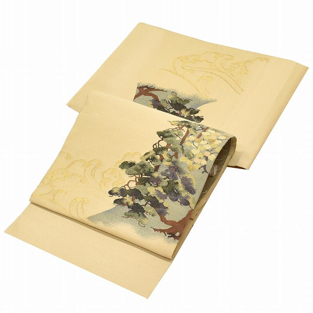 Vintage Japanese Obi | Fukuro Obi | Beige Silk | Pine Wave | Tsuzure-ori Tapestry | Gold Thread | Formal | Sustainable | ss1104b