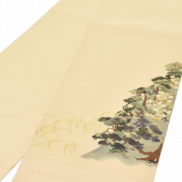 Vintage Japanese Obi | Fukuro Obi | Beige Silk | Pine Wave | Tsuzure-ori Tapestry | Gold Thread | Formal | Sustainable | ss1104b