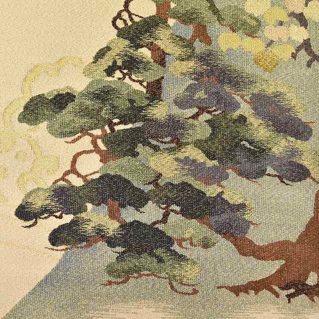 Vintage Japanese Obi | Fukuro Obi | Beige Silk | Pine Wave | Tsuzure-ori Tapestry | Gold Thread | Formal | Sustainable | ss1104b