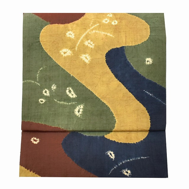 Vintage Japanese Obi | Sha-re Fukuro Obi | Brown Navy Green Silk | Stream Shibori | Six-width | Sustainable | ss1113b