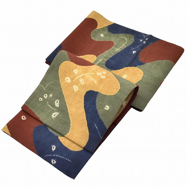 Vintage Japanese Obi | Sha-re Fukuro Obi | Brown Navy Green Silk | Stream Shibori | Six-width | Sustainable | ss1113b