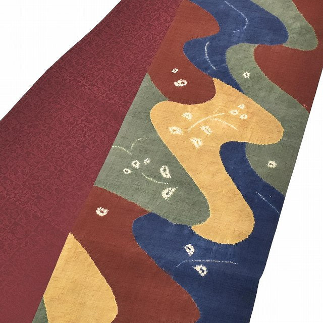 Vintage Japanese Obi | Sha-re Fukuro Obi | Brown Navy Green Silk | Stream Shibori | Six-width | Sustainable | ss1113b