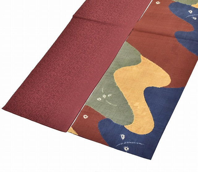 Vintage Japanese Obi | Sha-re Fukuro Obi | Brown Navy Green Silk | Stream Shibori | Six-width | Sustainable | ss1113b