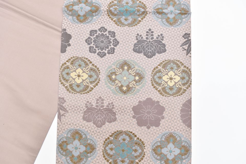 Vintage Japanese Obi | Fukuro Obi | Purple Gray Silk | Floral Paulownia Crest | Embroidery | Six-width | Excellent | Sustainable | ss1203b
