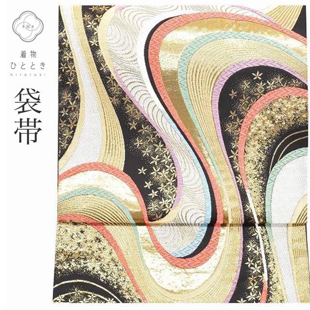 Vintage Japanese Obi | Fukuro Obi | Black Silk | Stream Floral | Hikihaku Gold Thread | Six-width | Formal | Sustainable | ss1206b