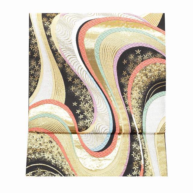 Vintage Japanese Obi | Fukuro Obi | Black Silk | Stream Floral | Hikihaku Gold Thread | Six-width | Formal | Sustainable | ss1206b