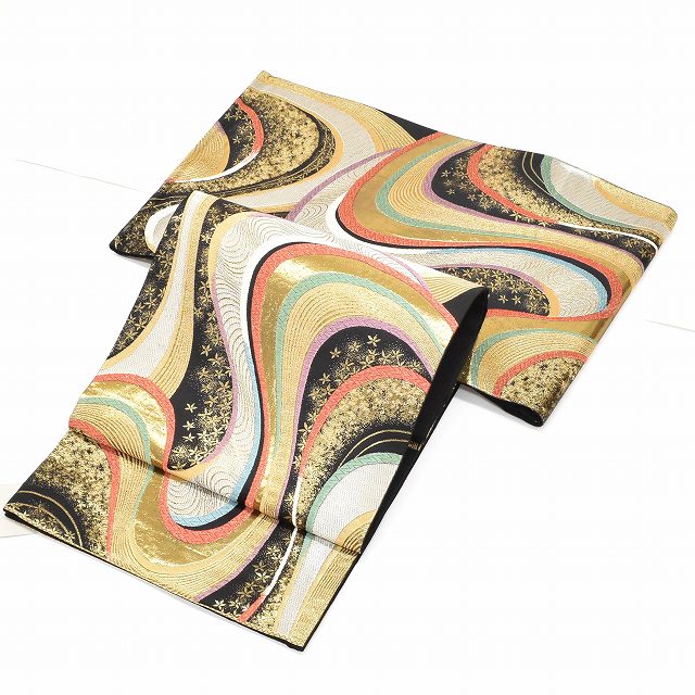 Vintage Japanese Obi | Fukuro Obi | Black Silk | Stream Floral | Hikihaku Gold Thread | Six-width | Formal | Sustainable | ss1206b