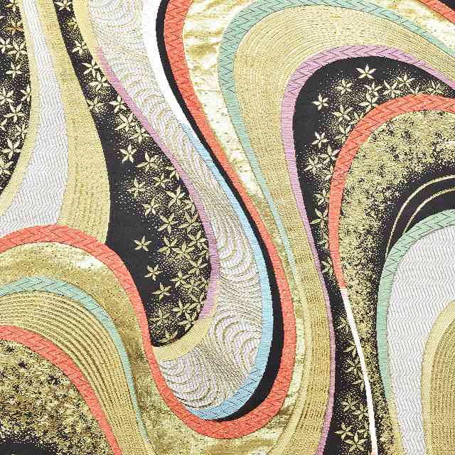 Vintage Japanese Obi | Fukuro Obi | Black Silk | Stream Floral | Hikihaku Gold Thread | Six-width | Formal | Sustainable | ss1206b