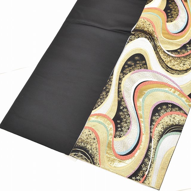 Vintage Japanese Obi | Fukuro Obi | Black Silk | Stream Floral | Hikihaku Gold Thread | Six-width | Formal | Sustainable | ss1206b