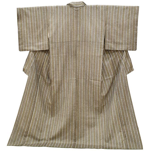 Vintage Japanese Kimono | Shidori Tsumugi | Brown Silk | Stripe | Kyo Yuzen | Traditional Craft Master Koito Satoshi | Sustainable | ss1239b