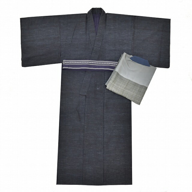 Vintage Japanese Obi | Men's Tsumugi & Kaku-obi & Nagajuban Set | Navy Silk | Hakata Kenjo Pattern | Size L | Sustainable | ss1263b