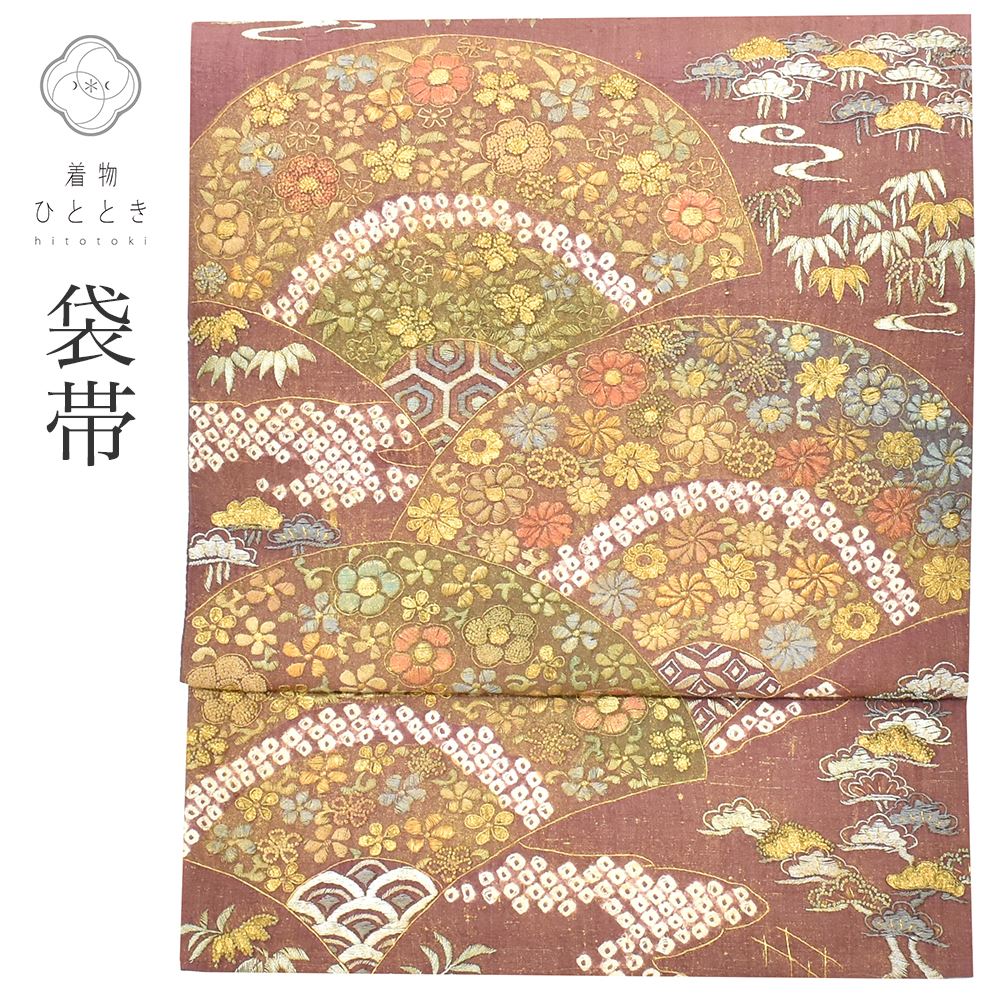 Vintage Japanese Obi | Sha-re Fukuro Obi | Purple Silk | Fan Floral Crane | Sagara Embroidery | Otaiko | Sustainable | ss1328b
