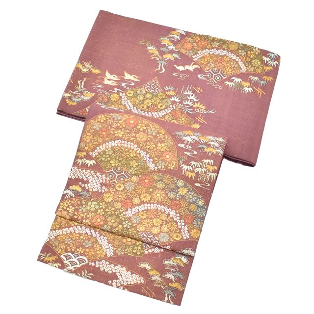 Vintage Japanese Obi | Sha-re Fukuro Obi | Purple Silk | Fan Floral Crane | Sagara Embroidery | Otaiko | Sustainable | ss1328b