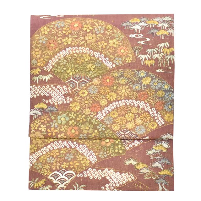 Vintage Japanese Obi | Sha-re Fukuro Obi | Purple Silk | Fan Floral Crane | Sagara Embroidery | Otaiko | Sustainable | ss1328b