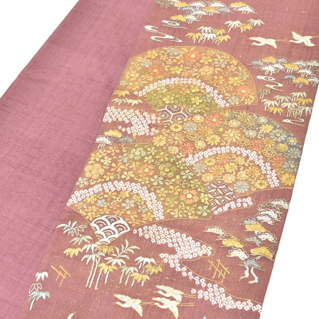Vintage Japanese Obi | Sha-re Fukuro Obi | Purple Silk | Fan Floral Crane | Sagara Embroidery | Otaiko | Sustainable | ss1328b