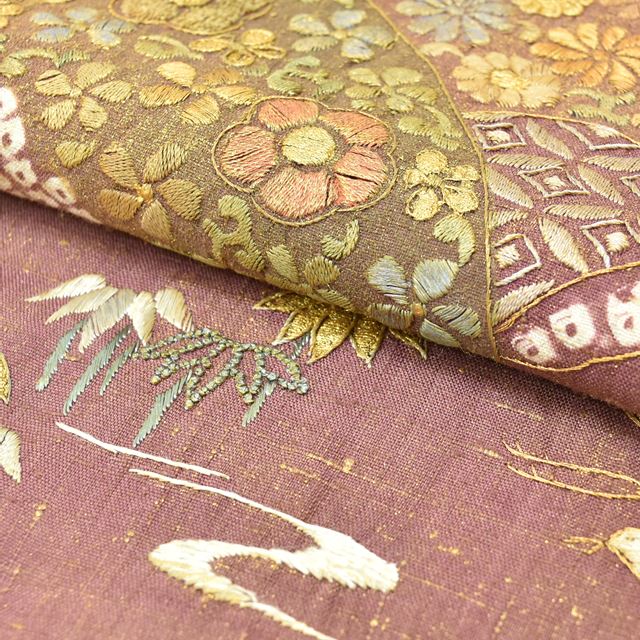 Vintage Japanese Obi | Sha-re Fukuro Obi | Purple Silk | Fan Floral Crane | Sagara Embroidery | Otaiko | Sustainable | ss1328b