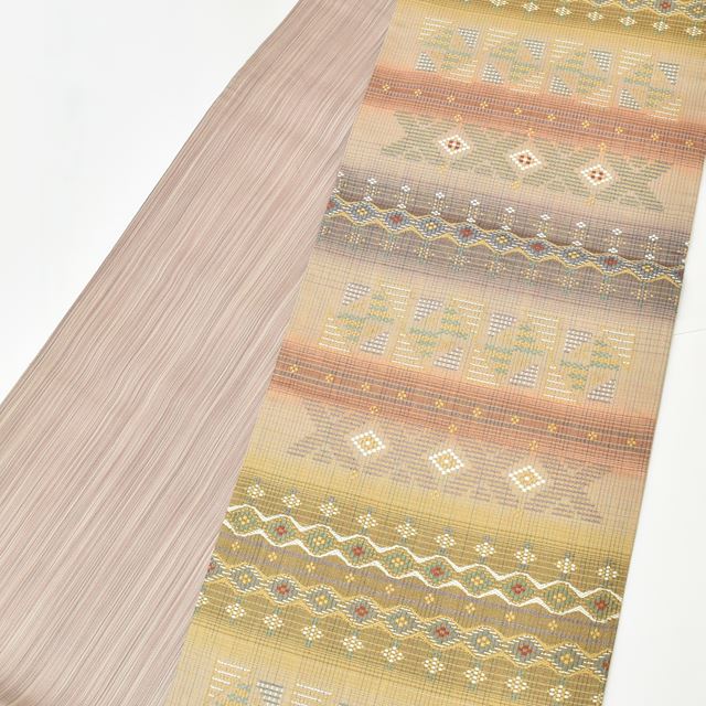 Vintage Japanese Obi | Sha-re Fukuro Obi | Brown Purple Silk Basho-ito | Diamond Yokowaku | Six-width | Sustainable | ss1362b