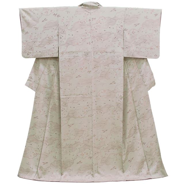 Vintage Japanese Kimono | Komon | Gray Silk Crepe | Botanical Pattern | Size L | Sustainable | ss1373b