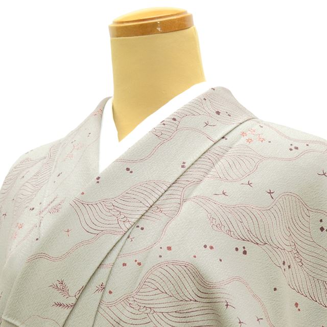 Vintage Japanese Kimono | Komon | Gray Silk Crepe | Botanical Pattern | Size L | Sustainable | ss1373b