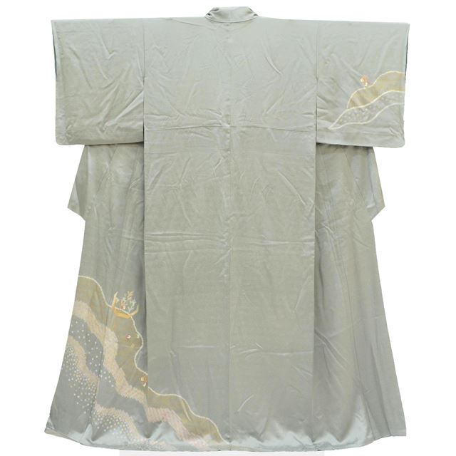 Vintage Japanese Kimono | Houmongi | Gray Silk | Kanze-mizu Deer-ko Shibori | One Crest | Gold Foil Embroidery | Sustainable | ss1375b