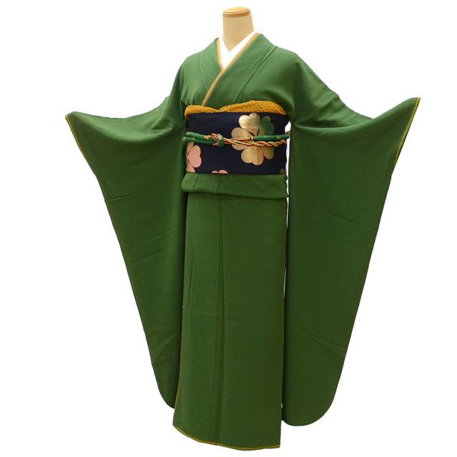 Vintage Japanese Kimono | Furisode Full Set | Green Silk | Sakura Moon Pattern | With Fukuro Obi & Accessories | Sustainable | ss1389b