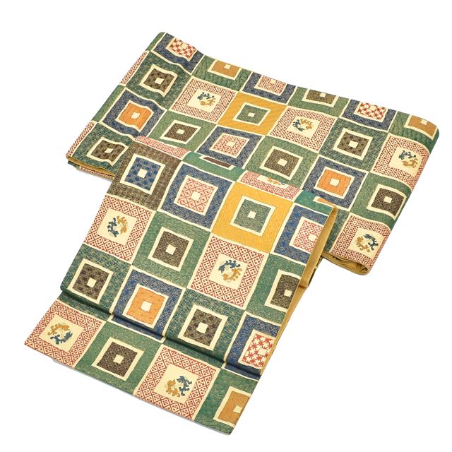 Vintage Japanese Obi | Fukuro Obi | Brown Navy Green Silk | Color Picture Stone Pavement Phoenix | Sustainable | ss1434b