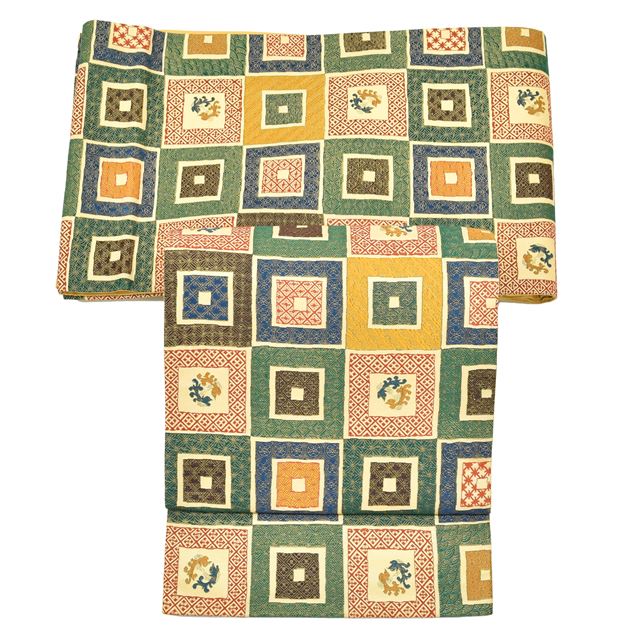 Vintage Japanese Obi | Fukuro Obi | Brown Navy Green Silk | Color Picture Stone Pavement Phoenix | Sustainable | ss1434b