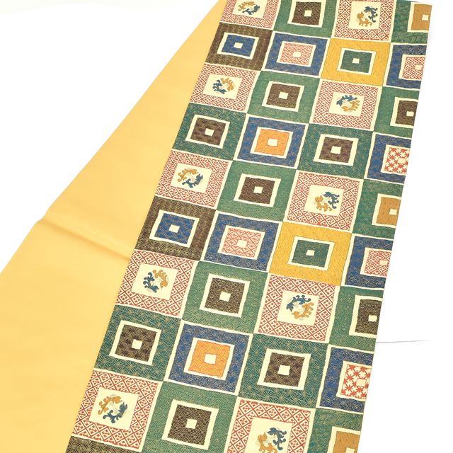 Vintage Japanese Obi | Fukuro Obi | Brown Navy Green Silk | Color Picture Stone Pavement Phoenix | Sustainable | ss1434b