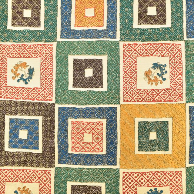 Vintage Japanese Obi | Fukuro Obi | Brown Navy Green Silk | Color Picture Stone Pavement Phoenix | Sustainable | ss1434b