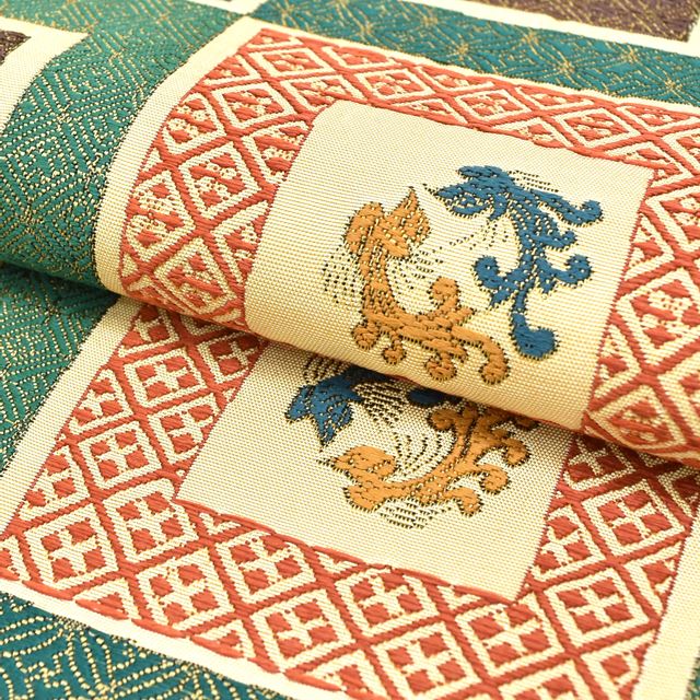 Vintage Japanese Obi | Fukuro Obi | Brown Navy Green Silk | Color Picture Stone Pavement Phoenix | Sustainable | ss1434b
