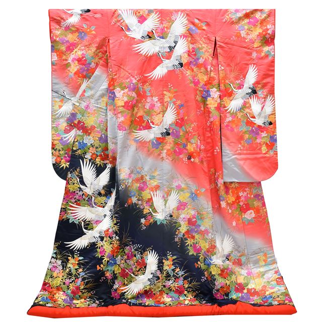 Vintage Japanese Kimono | Iro-Uchikake | Pink Black Silk | Flying Crane Floral | Gold Foil Embroidery | Size L | Sustainable | ss1476b