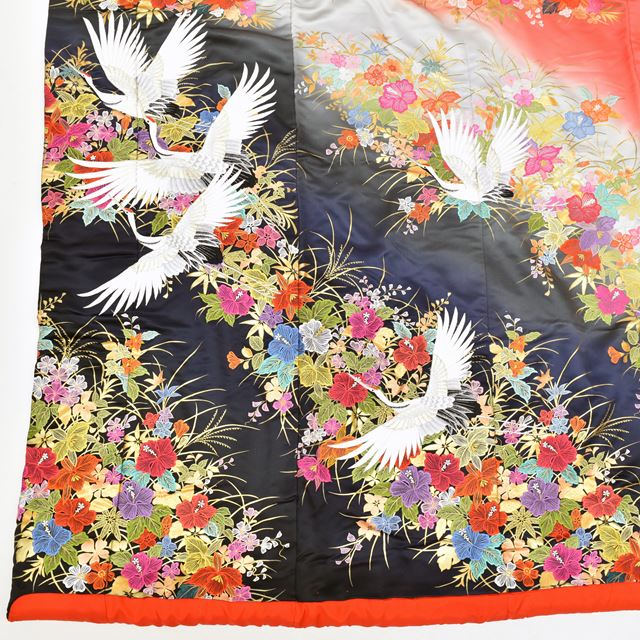 Vintage Japanese Kimono | Iro-Uchikake | Pink Black Silk | Flying Crane Floral | Gold Foil Embroidery | Size L | Sustainable | ss1476b