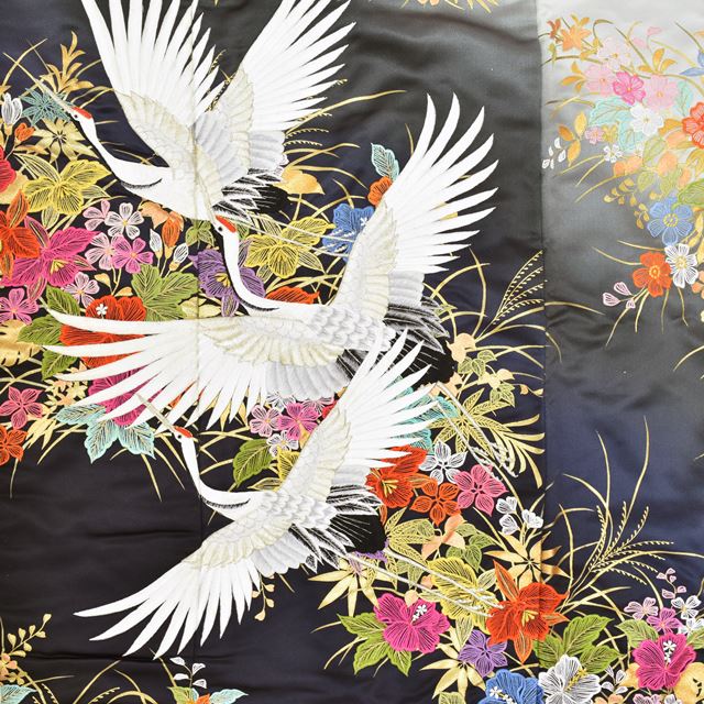 Vintage Japanese Kimono | Iro-Uchikake | Pink Black Silk | Flying Crane Floral | Gold Foil Embroidery | Size L | Sustainable | ss1476b