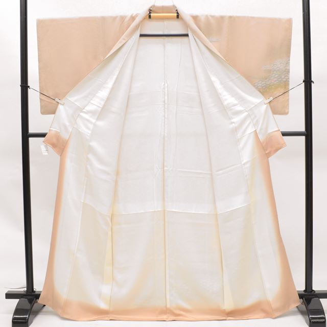 Vintage Japanese Kimono | Houmongi | Brown Silk | Pine Pattern | Kyo Yuzen | Gold Foil | Size M | Sustainable | ss1537b