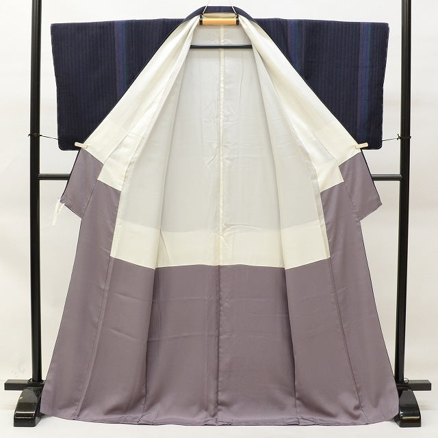 Vintage Japanese Kimono | Komon | Navy Silk Tango Chirimen | Stripe Pattern | Dry-cleaned | Size M | Sustainable | ssc0339a20