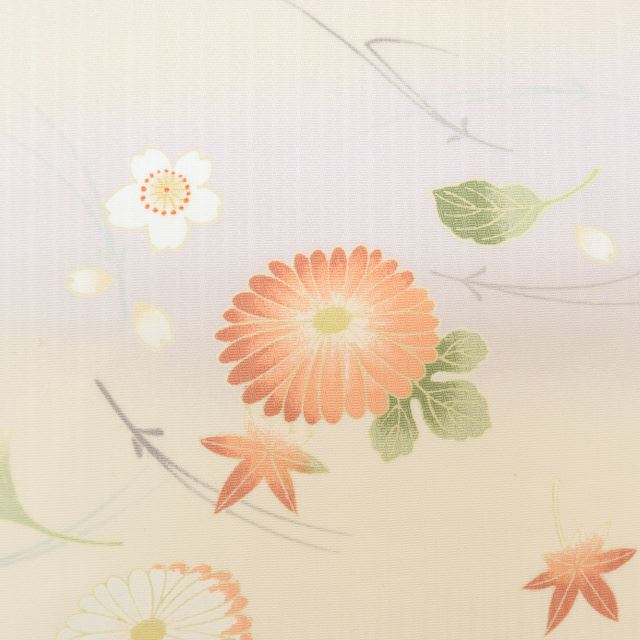Recycled Kimono, Komon (small patterned kimono), Unlined, Synthetic Fiber, Ready-made, Sleeve Length 67.7cm (26.7in), Body Length 165.0cm (65.0in), Size L, Beige, Chrysanthemum and Plant Pattern, Washable Kimono, tt0163b [Used] [r26] 