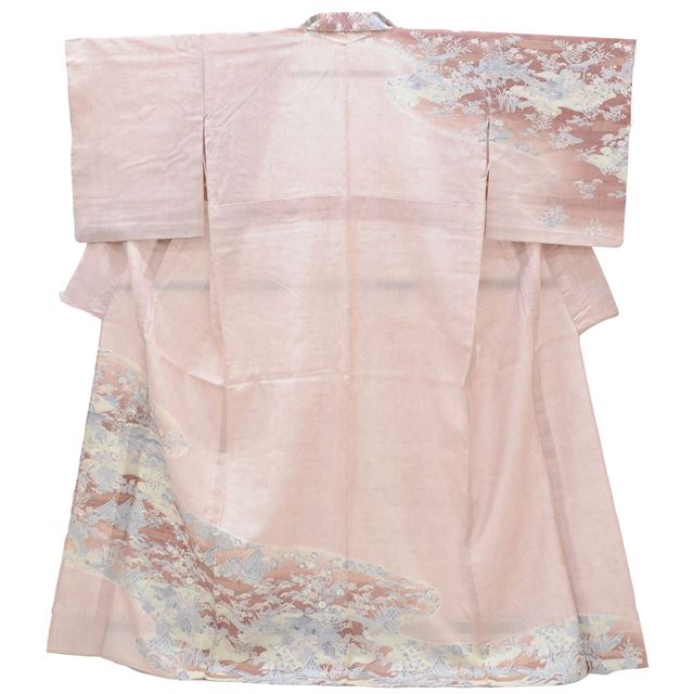 [Used] Recycled Kimono, Tsumugi Silk, Unlined, Ready-made, Sleeve Length 68.0cm (26.8in), Body Length 161.5cm (63.6in), Size L, Pink, Landscape Pattern, tt0165b [Kimono, Used, Obi, Recycled, Furisode, Yukata, Hakama, Japanese Clothing, Vintage Clothing] 