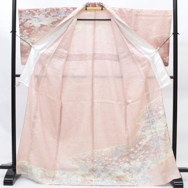[Used] Recycled Kimono, Tsumugi Silk, Unlined, Ready-made, Sleeve Length 68.0cm (26.8in), Body Length 161.5cm (63.6in), Size L, Pink, Landscape Pattern, tt0165b [Kimono, Used, Obi, Recycled, Furisode, Yukata, Hakama, Japanese Clothing, Vintage Clothing] 