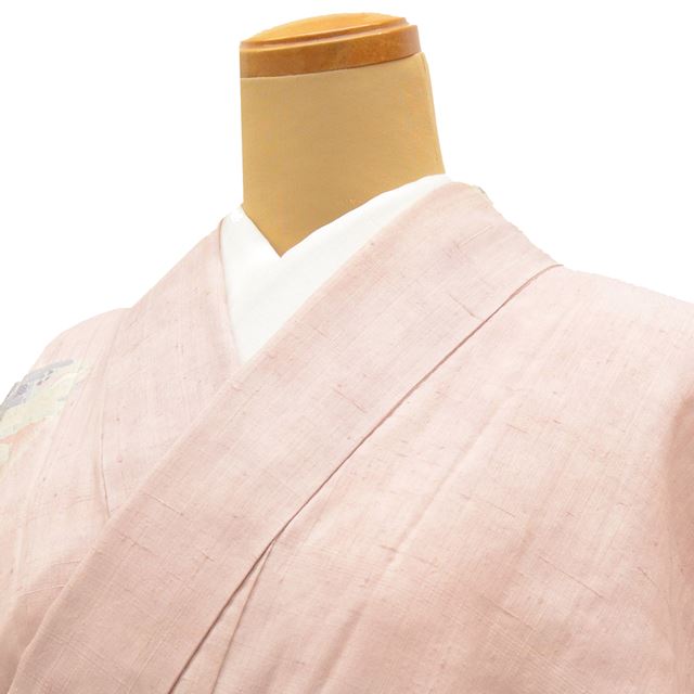 [Used] Recycled Kimono, Tsumugi Silk, Unlined, Ready-made, Sleeve Length 68.0cm (26.8in), Body Length 161.5cm (63.6in), Size L, Pink, Landscape Pattern, tt0165b [Kimono, Used, Obi, Recycled, Furisode, Yukata, Hakama, Japanese Clothing, Vintage Clothing] 