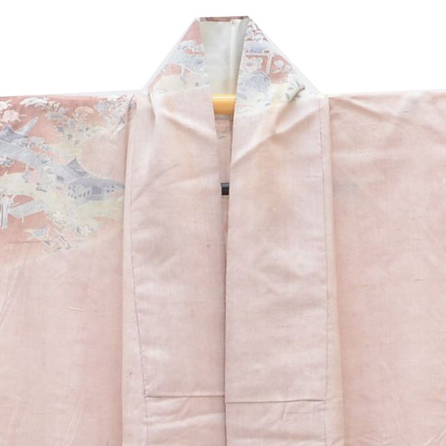 [Used] Recycled Kimono, Tsumugi Silk, Unlined, Ready-made, Sleeve Length 68.0cm (26.8in), Body Length 161.5cm (63.6in), Size L, Pink, Landscape Pattern, tt0165b [Kimono, Used, Obi, Recycled, Furisode, Yukata, Hakama, Japanese Clothing, Vintage Clothing] 