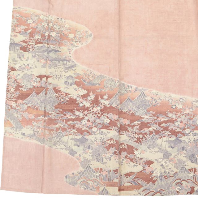 [Used] Recycled Kimono, Tsumugi Silk, Unlined, Ready-made, Sleeve Length 68.0cm (26.8in), Body Length 161.5cm (63.6in), Size L, Pink, Landscape Pattern, tt0165b [Kimono, Used, Obi, Recycled, Furisode, Yukata, Hakama, Japanese Clothing, Vintage Clothing] 