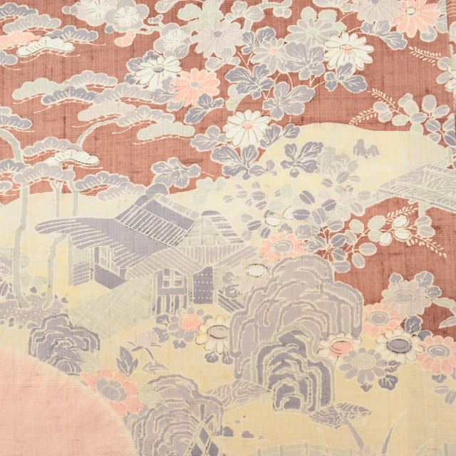 [Used] Recycled Kimono, Tsumugi Silk, Unlined, Ready-made, Sleeve Length 68.0cm (26.8in), Body Length 161.5cm (63.6in), Size L, Pink, Landscape Pattern, tt0165b [Kimono, Used, Obi, Recycled, Furisode, Yukata, Hakama, Japanese Clothing, Vintage Clothing] 