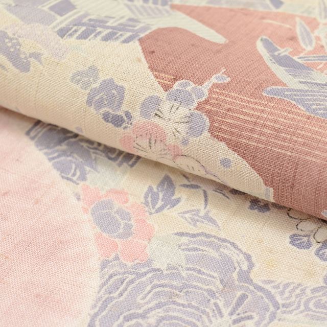 [Used] Recycled Kimono, Tsumugi Silk, Unlined, Ready-made, Sleeve Length 68.0cm (26.8in), Body Length 161.5cm (63.6in), Size L, Pink, Landscape Pattern, tt0165b [Kimono, Used, Obi, Recycled, Furisode, Yukata, Hakama, Japanese Clothing, Vintage Clothing] 