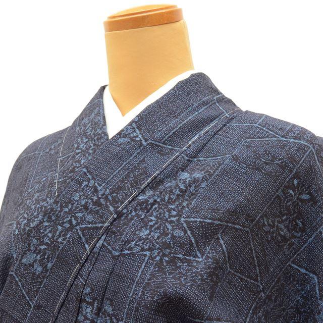 Vintage Japanese Kimono | Yuki Tsumugi | Navy Silk | Tortoiseshell Kasuri Floral | Unused | Certified | Sustainable | tt0776b