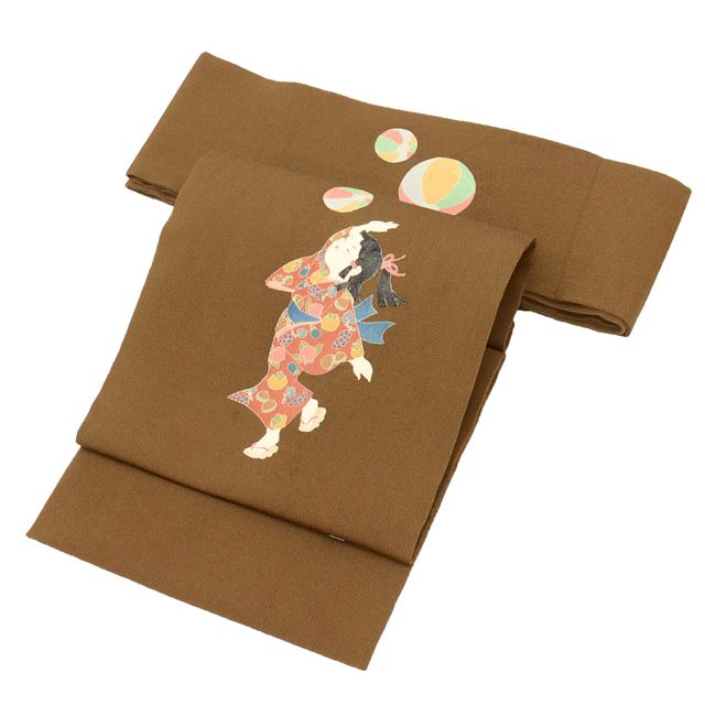 Vintage Japanese Obi | Nagoya Obi | Brown Silk Crepe | Child Temari Yuzen | Artist Signed | Excellent | Nine-sun | Sustainable | tt0791b