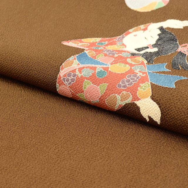 Vintage Japanese Obi | Nagoya Obi | Brown Silk Crepe | Child Temari Yuzen | Artist Signed | Excellent | Nine-sun | Sustainable | tt0791b