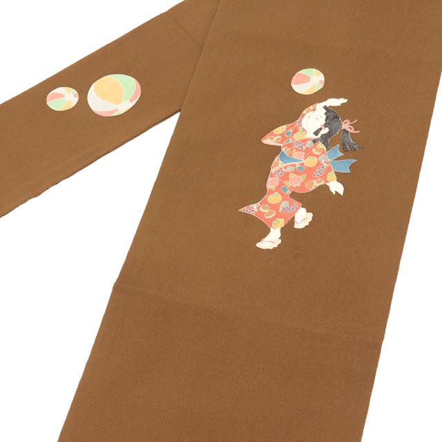 Vintage Japanese Obi | Nagoya Obi | Brown Silk Crepe | Child Temari Yuzen | Artist Signed | Excellent | Nine-sun | Sustainable | tt0791b